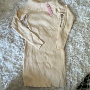 Cream Cowl Neck Long Sleeve Bodycon Sweater Dress